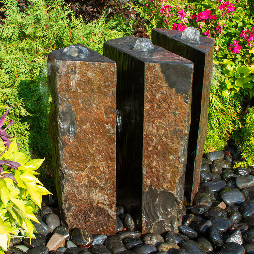 36 inch Triple Split Polished Basalt Stone Outdoor Fountain 3 Piece Set