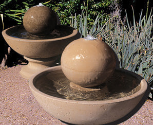 25 inch tall concrete wok series fountain with ball water feature