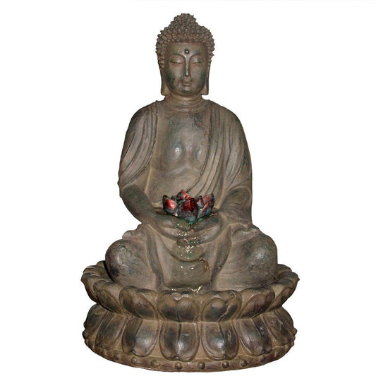Tabletop fountain featuring Buddha in a lotus flower with LED light.